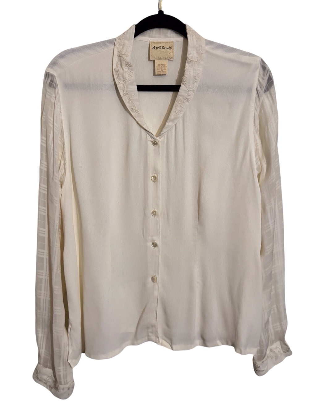 April Cornell Vintage Large Cream Button Up Top Embroidered Cottagecore Floral